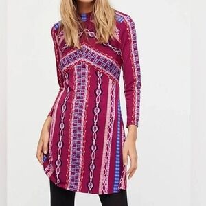 Free People Stella Mini Dress Sz Med Purple Long Sleeve Mock Neck Boho Hippie